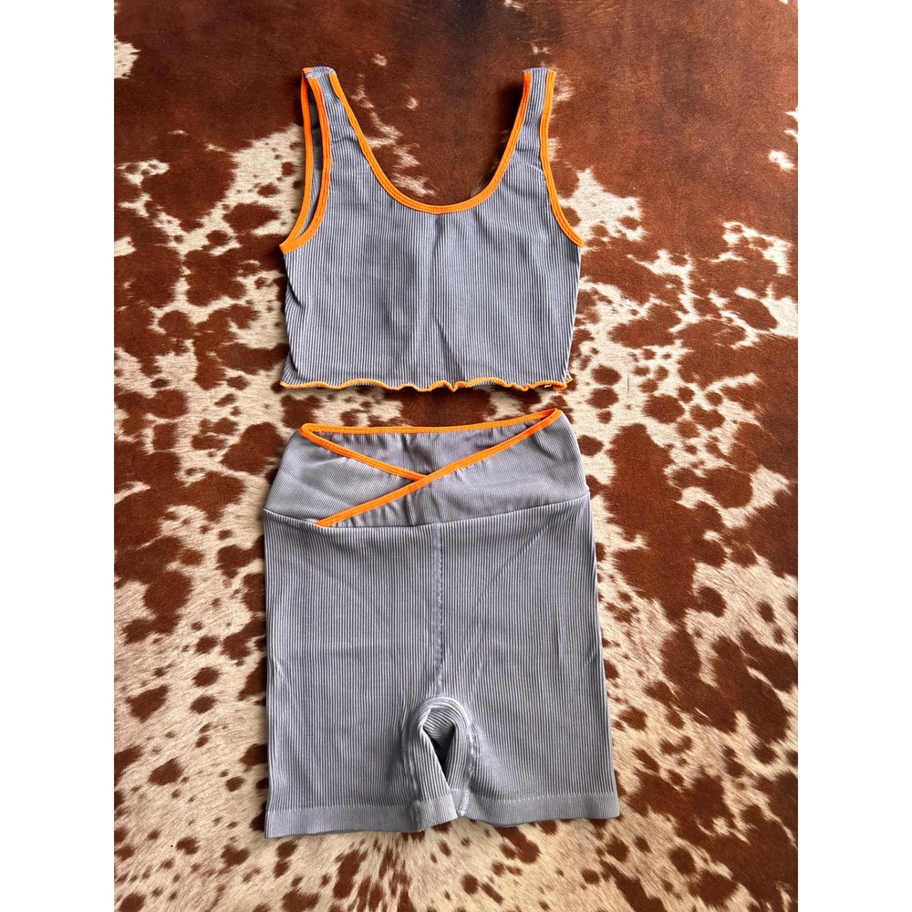 Free People Movement Ribbed Activewear Set Purple Coral Crossover Ruffle xs